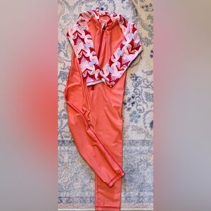 Kids Coral Long-Sleeve One-Piece Swimsuit with Patterned Sleeves